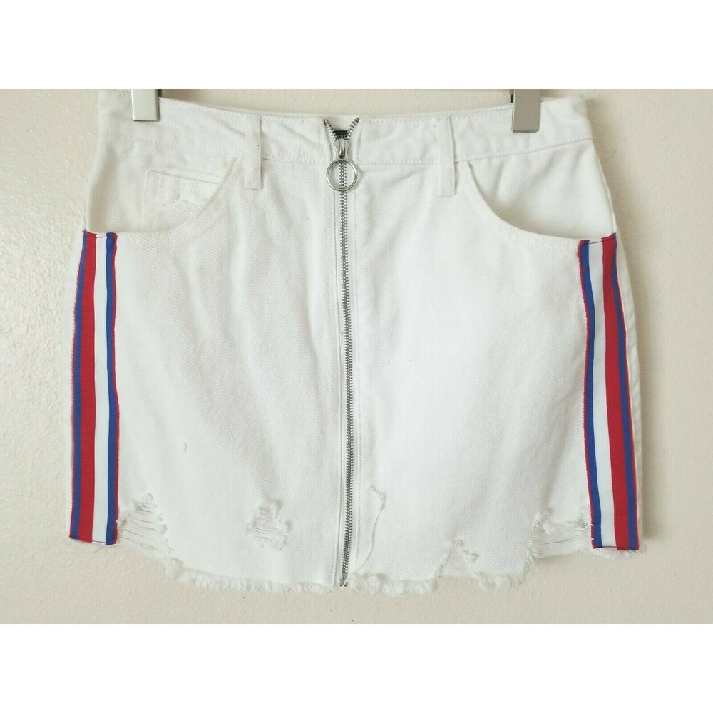 Forever 21 White Denim Zipper Down Factory Distressed Fray Hem Mini Skirt Size M